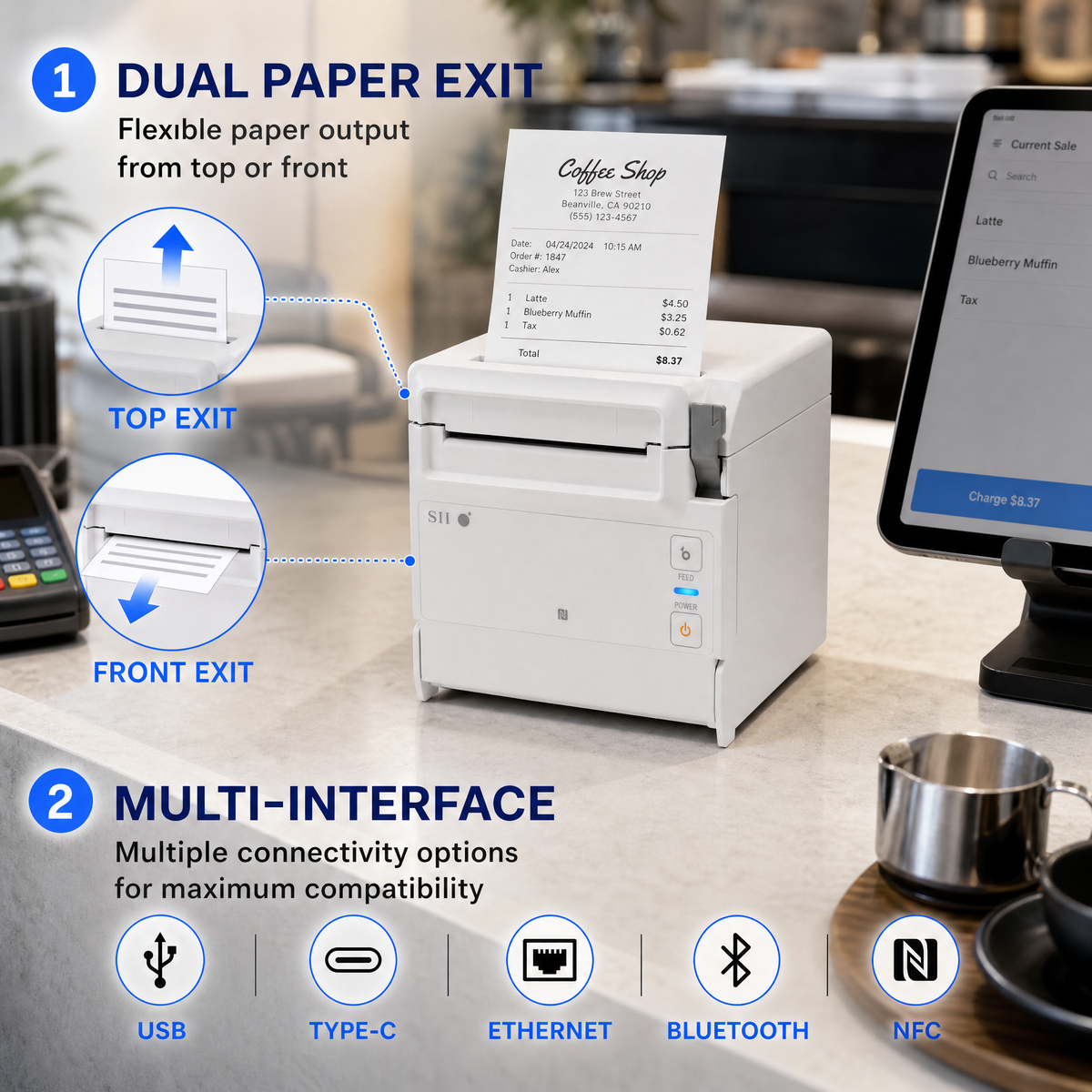 Seiko RP-F10-W27J1-30C3 Thermal Receipt Printer with Ethernet & USB Host - 250mm/s High-Speed POS