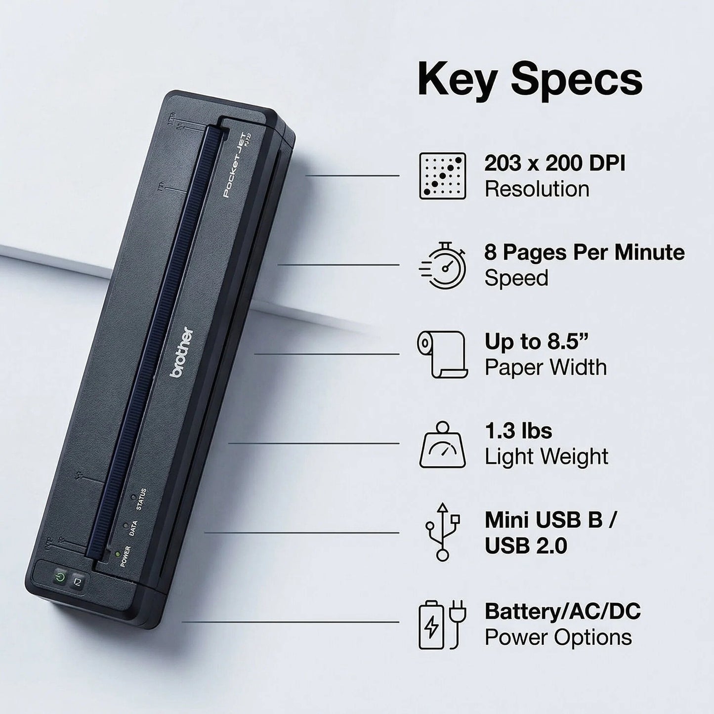 B Brother PJ-722 Direct Thermal Printer - Wired, Mini USB B, USB 2.0, 203 x 200 Dots Per Inch