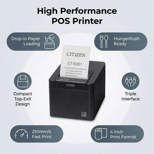 Citizen CT-E301TRUBKHR Thermal POS Printer for HungerRush - 4 Inch Printer with Triple Interface Connectivity, Direct Thermal Receipt Printing, Top-Exit Design, and Fast POS Output for Counter and Service Environments