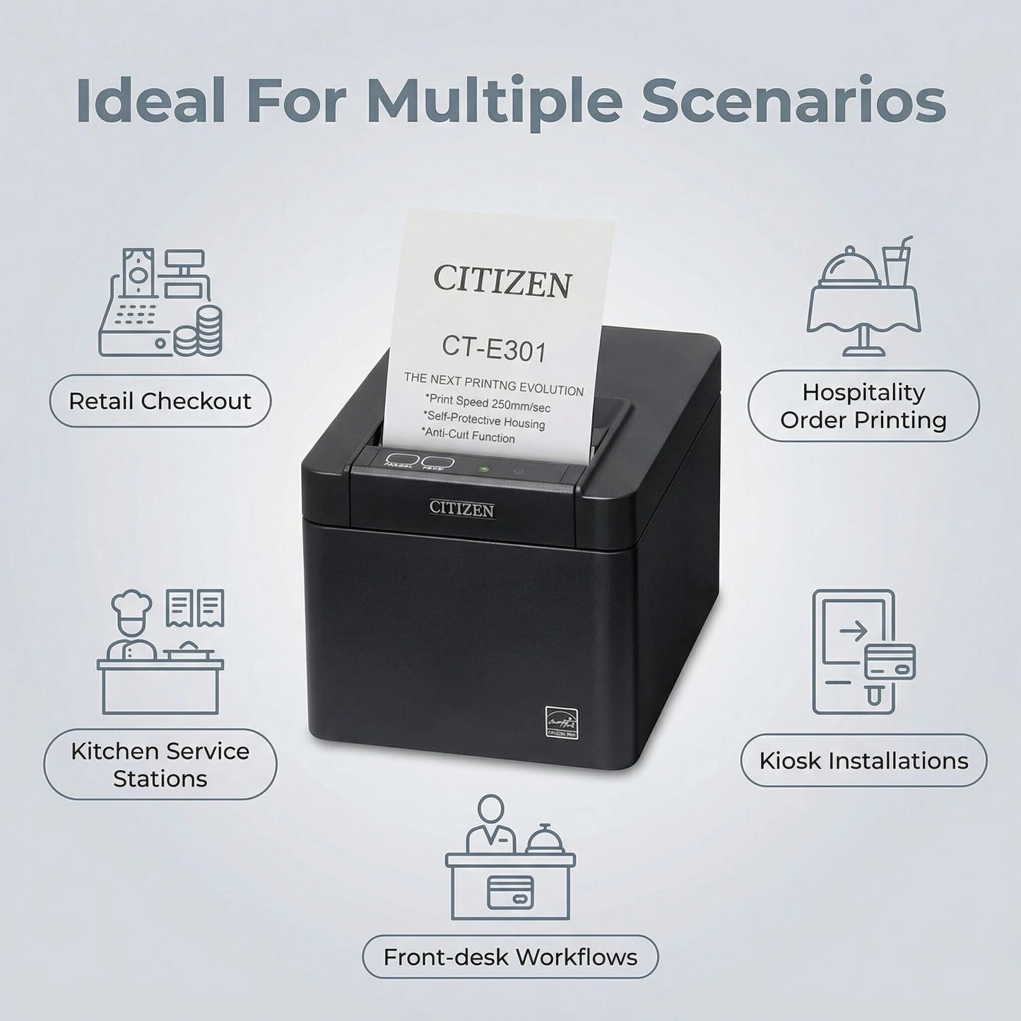 Citizen CT-E301TRUBKHR Thermal POS Printer for HungerRush - 4 Inch Printer with Triple Interface Connectivity, Direct Thermal Receipt Printing, Top-Exit Design, and Fast POS Output for Counter and Service Environments