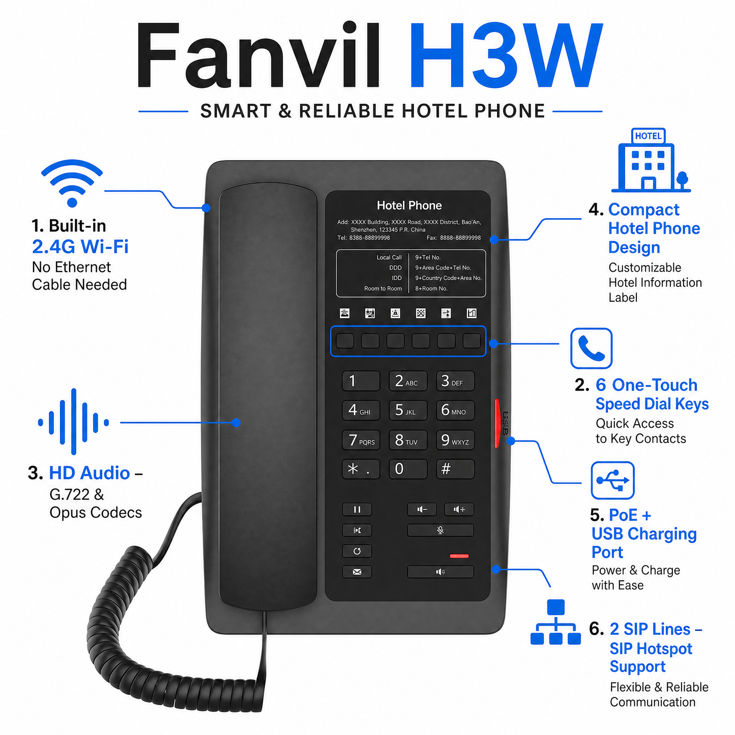 Fanvil H3W WiFi IP Phone with HD Audio for Hotels and Hospitality - 2 SIP Lines