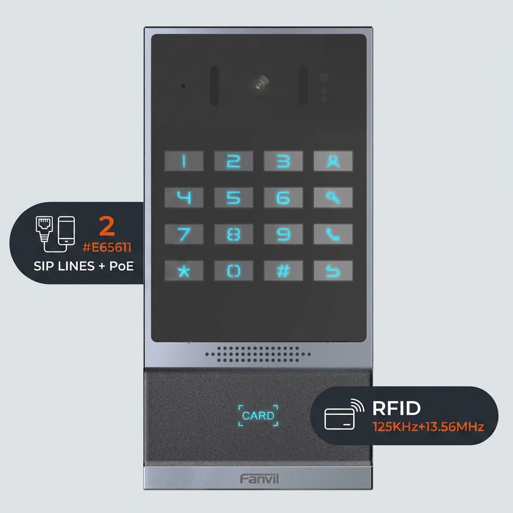 Fanvil i64 SIP Video Doorphone - Wide-Angle HD Camera, Night Vision, 2 SIP Lines, RFID Card Reader, IP66/IK07, 16-Key Keypad, Wiegand, PoE, Aluminum, Wall-Mount, Black