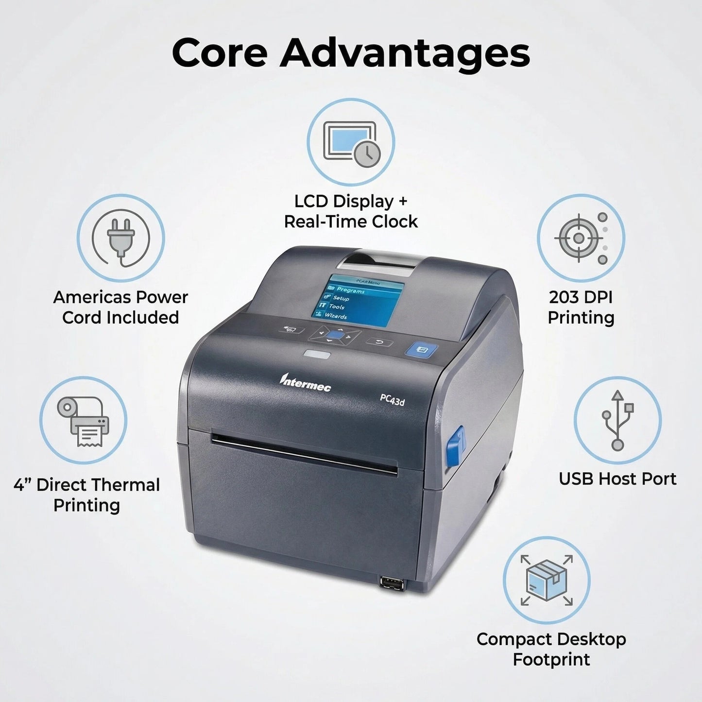 Honeywell PC43DA00100201 4 Inch Direct Thermal Desktop Printer - LCD Display, Real-Time Clock, USB Host Port, 203 DPI, Includes Americas Power Cord