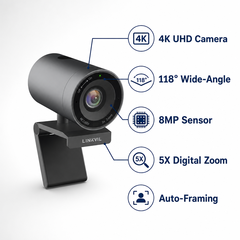 Fanvil CA400 conference camera with 4K resolution, 118° wide-angle lens, 8MP sensor, 5X zoom, and auto-framing