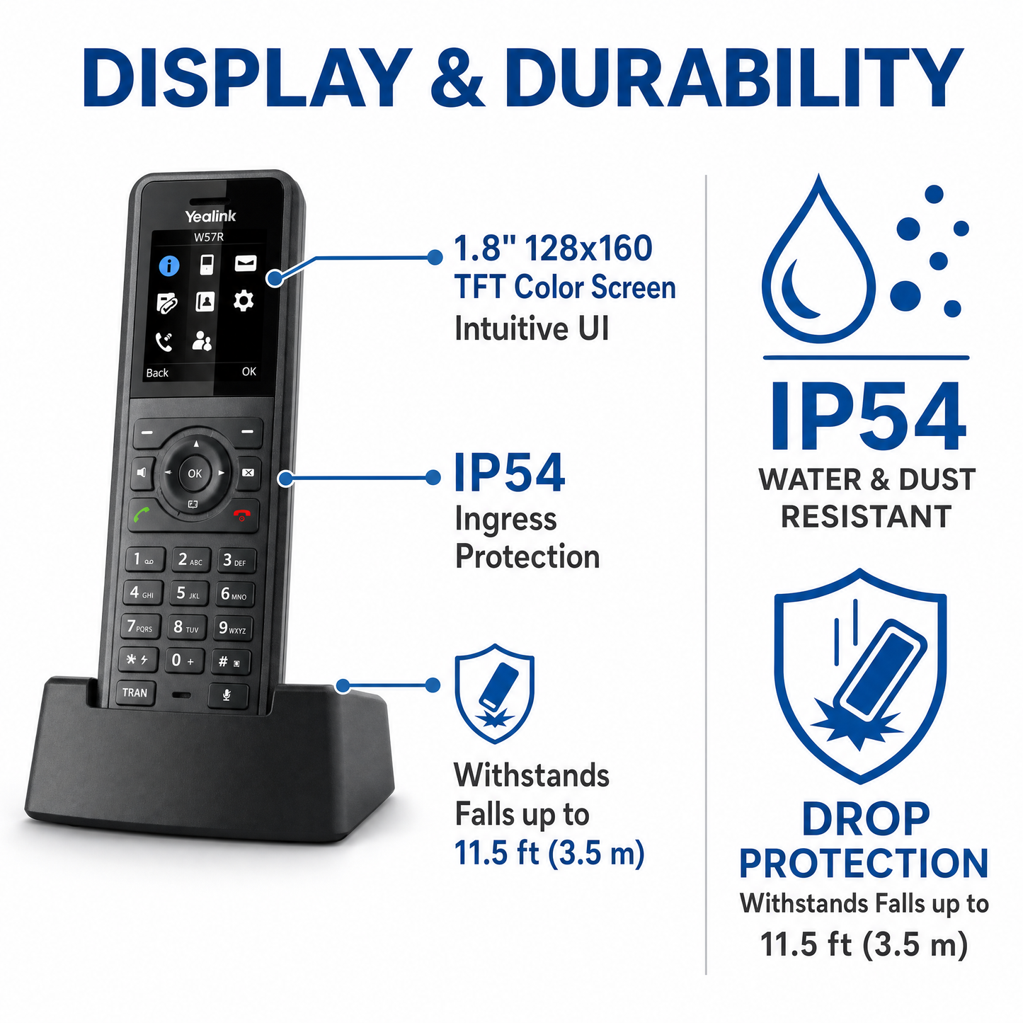 Yealink W57R Rugged DECT Handset - IP54 Rated Cordless Phone for Harsh Environments