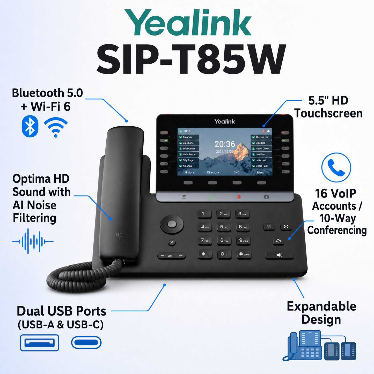 Yealink SIP-T85W Premium IP Business Phone with 5.5" Display, Wi-Fi 6, Bluetooth 5.0