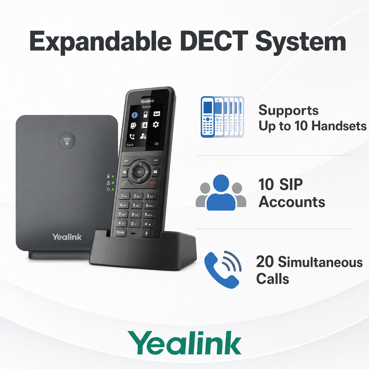 Yealink W77P DECT phone system supporting up to 10 handsets and 20 calls