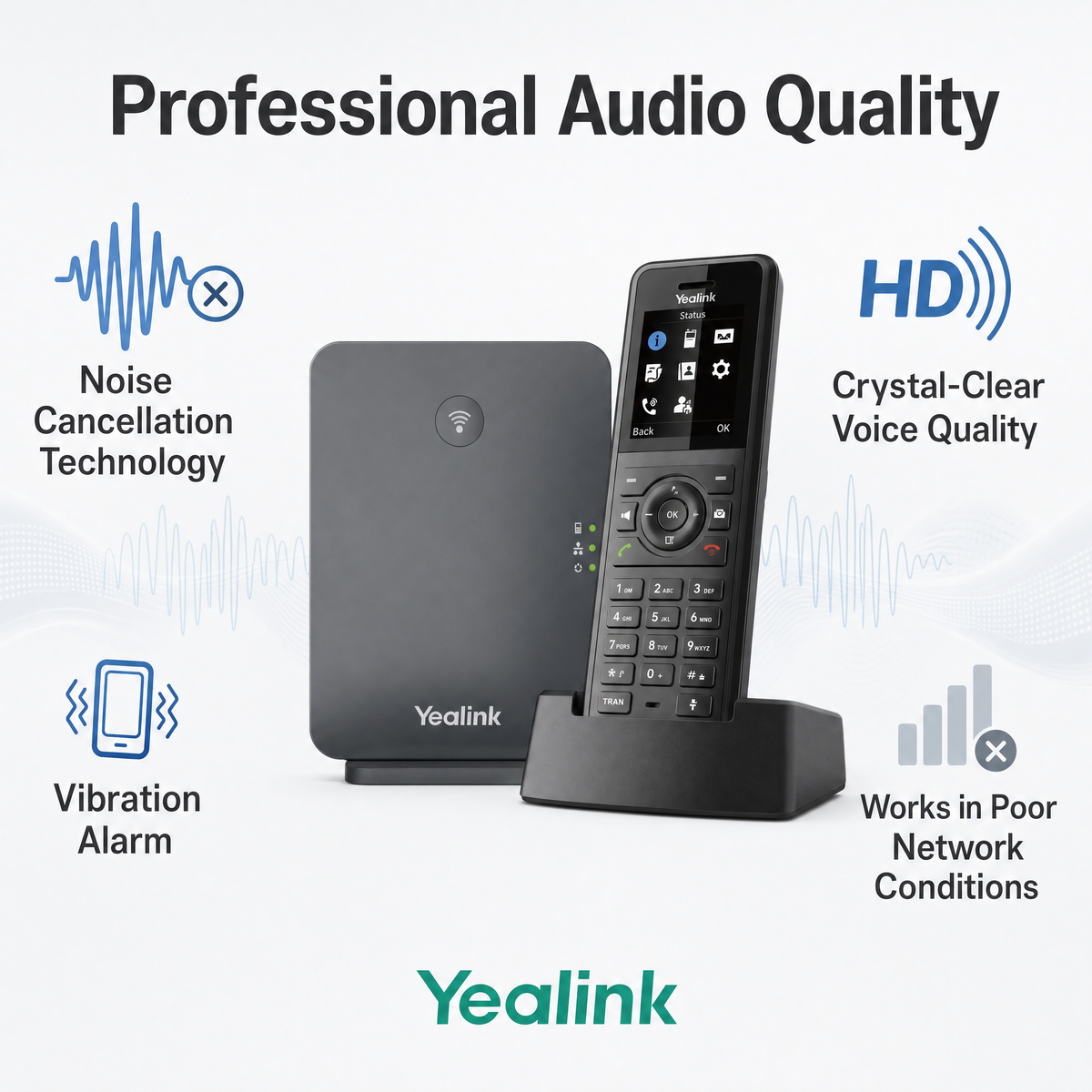 Yealink W77P DECT phone system with noise cancellation and HD voice quality for industrial environments