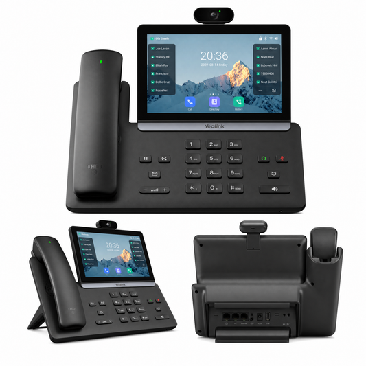Yealink SIP-T88V Pro smart business phone with touchscreen, camera, and Bluetooth handset shown from multiple angles