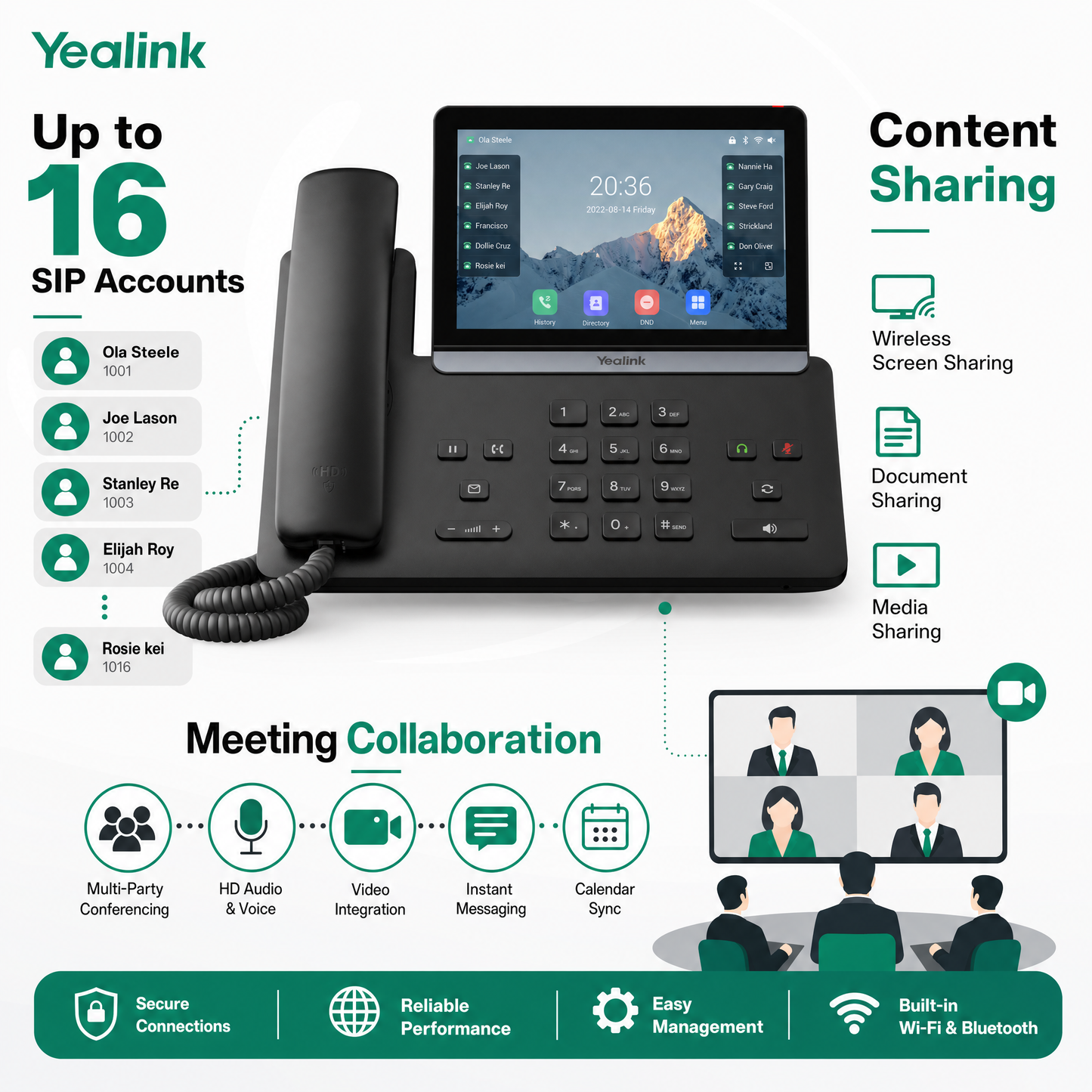 Yealink SIP-T87W Executive IP Phone with 7-Inch Touchscreen, Wi-Fi 6 & Bluetooth 5.0