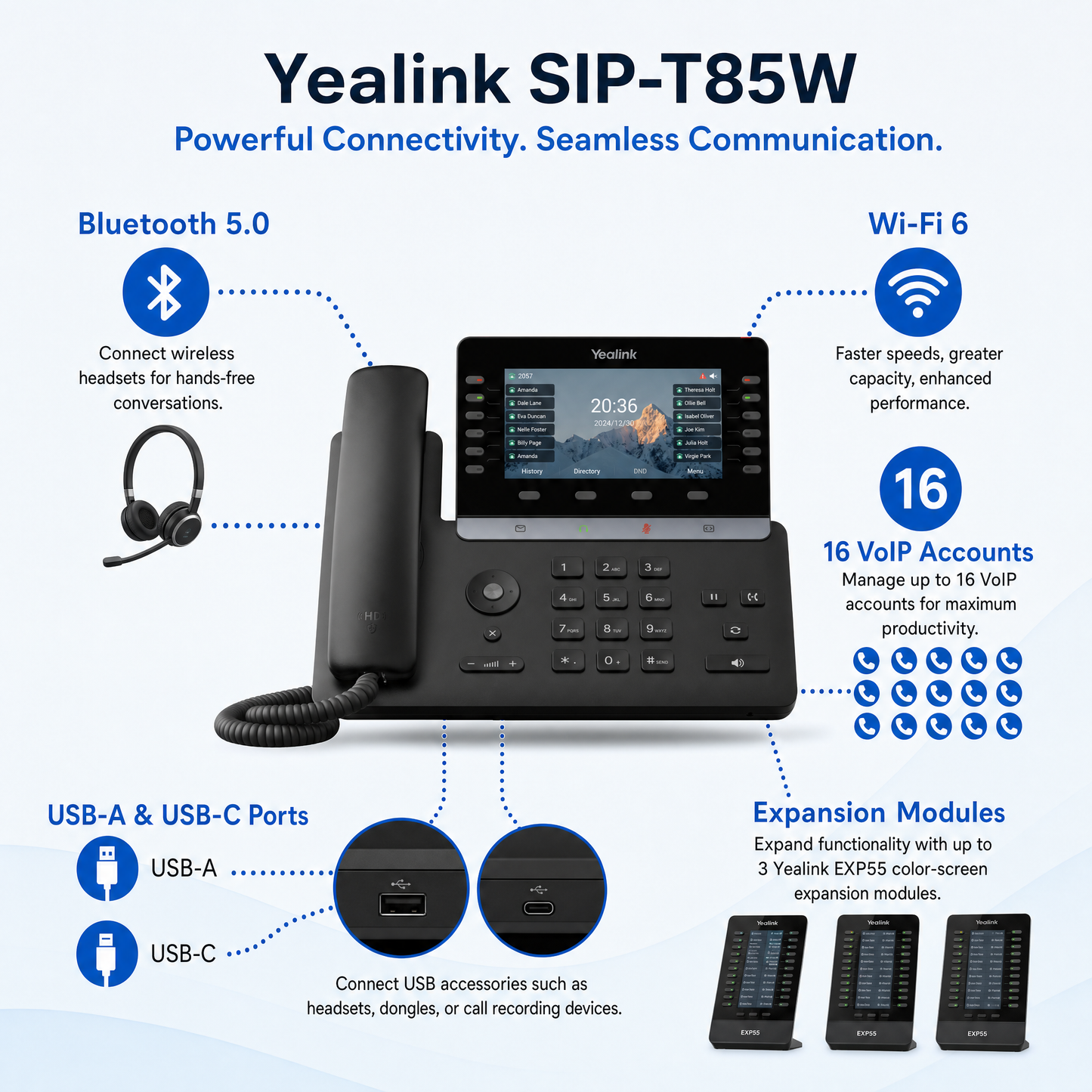 Yealink SIP-T85W Premium IP Business Phone with 5.5" Display, Wi-Fi 6, Bluetooth 5.0