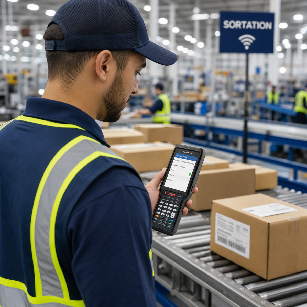 Honeywell CK62 mobile computer used by warehouse worker scanning packages on conveyor