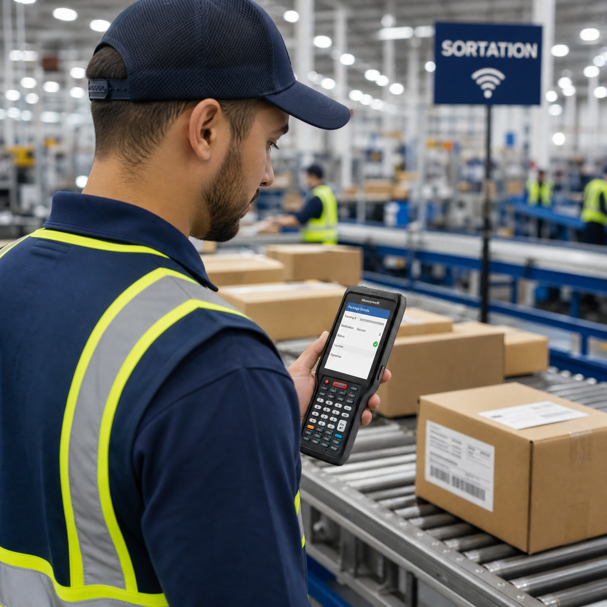 Honeywell CK62 mobile computer used by warehouse worker scanning packages on conveyor