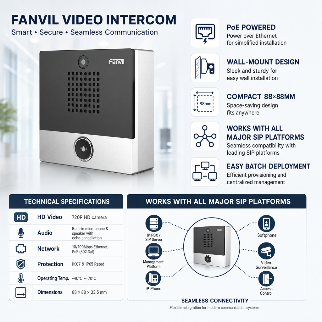 Fanvil i10SV Mini SIP Video Door Intercom with HD Camera for Office Access Control & Remote Entry