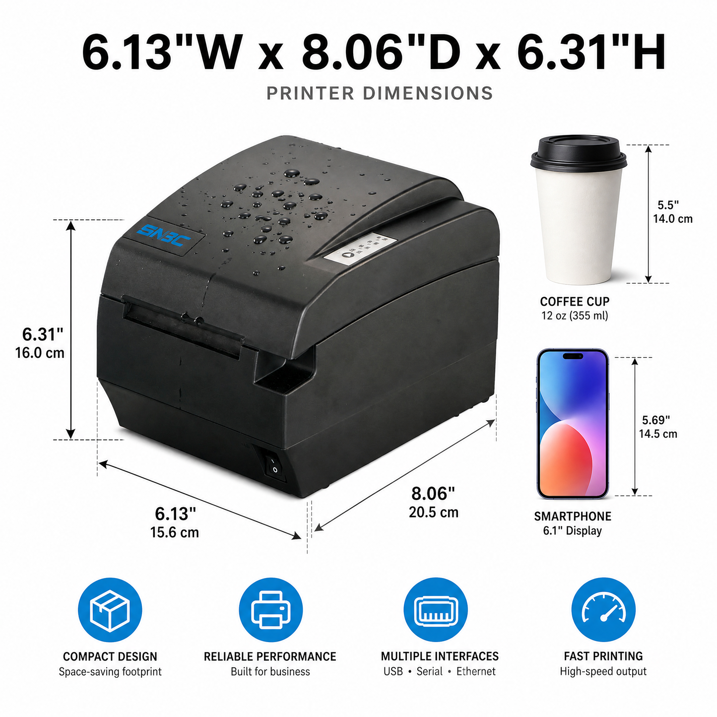 SNBC BTP-R580II 80mm Thermal Receipt Printer with IPX1 Splash-Proof Design for POS and Restaurant Systems