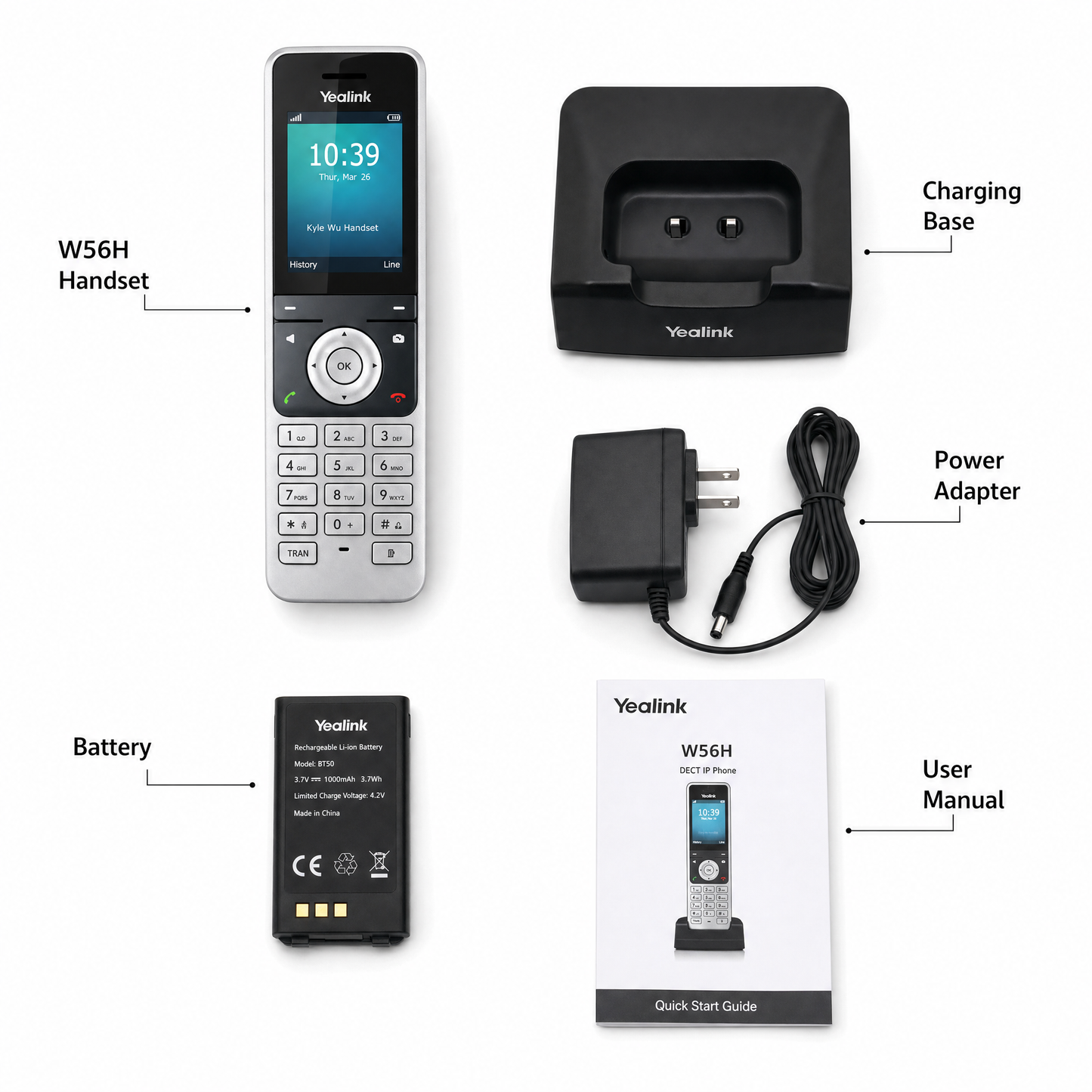Yealink W56H DECT Wireless Handset with 2.4" Color Display and HD Audio for Business IP Telephony