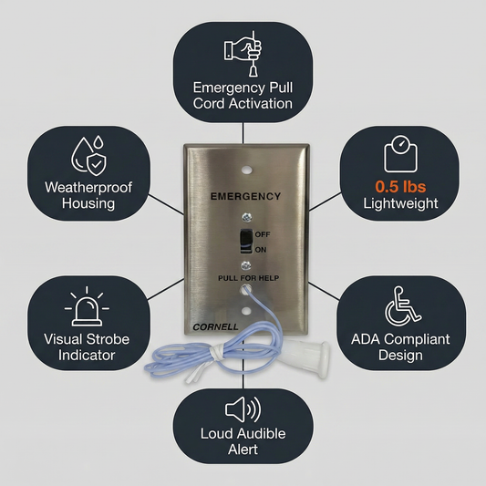 Alpha Communications E-114-1 Emergency Pull Cord Station — Dual Latching Normally-Open Contacts, No Indicator Light, Stainless Steel Stamped Faceplate, 6-Ft Nylon Cord, Single-Gang Box Mount