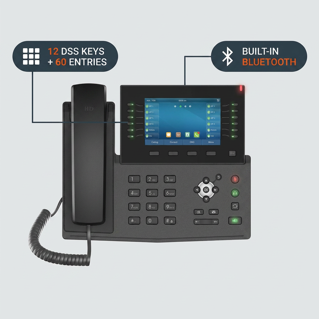 Fanvil X7C Enterprise VoIP Phone - 5-Inch 800x480 Color Touch Screen, 20 SIP Lines, 12 DSS Keys with LED, Up to 60 DSS Entries, Built-in Bluetooth, Wi-Fi via Dongle, Dual Gigabit, PoE, HD Audio, EHS Headset