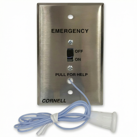 Alpha Communications E-114-1 Emergency Pull Cord Station — Dual Latching Normally-Open Contacts, No Indicator Light, Stainless Steel Stamped Faceplate, 6-Ft Nylon Cord, Single-Gang Box Mount