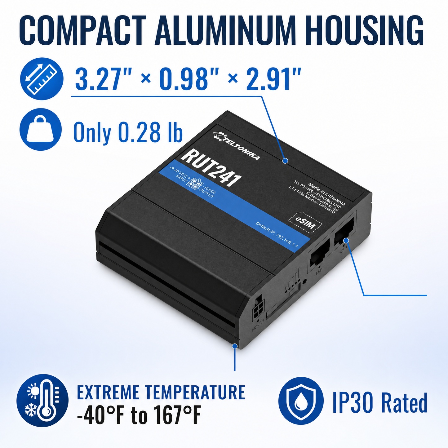 Teltonika RUT241098000 Industrial 4G LTE Router with eSIM for Remote IoT and M2M Connectivity