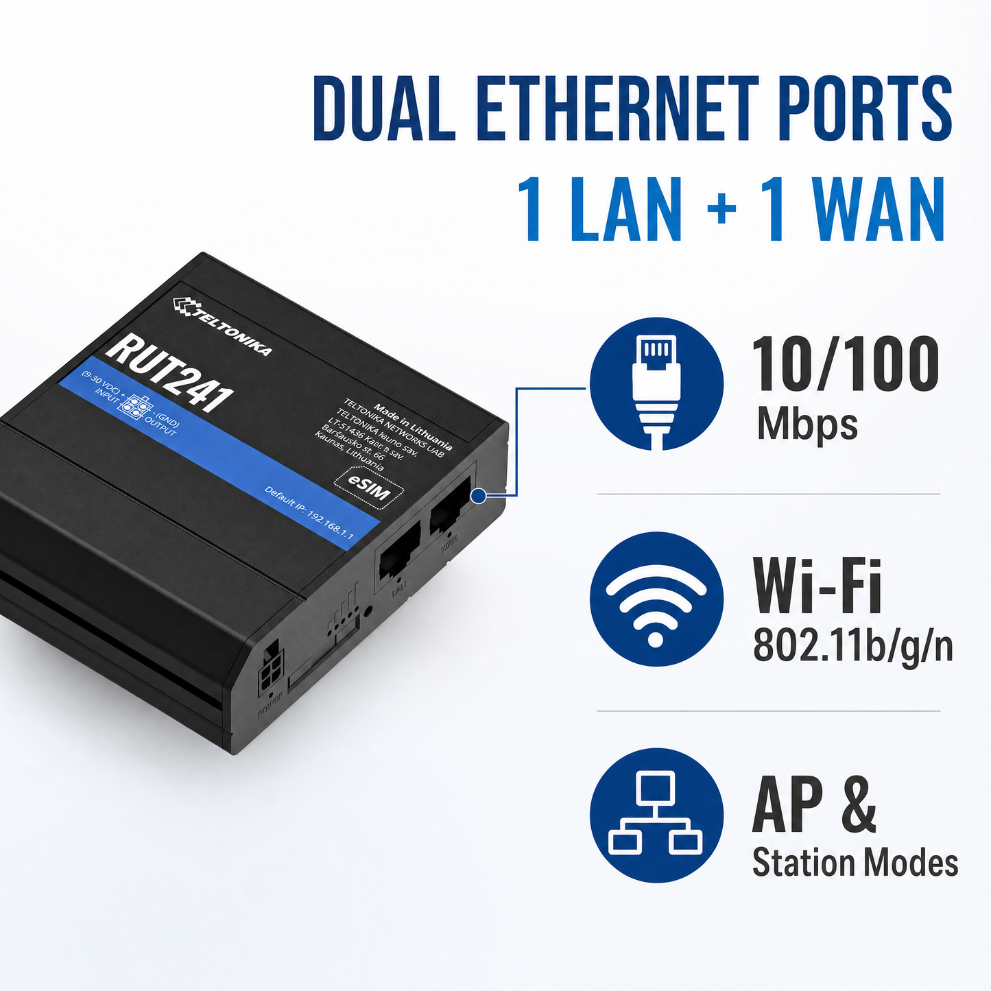 Teltonika RUT241098000 Industrial 4G LTE Router with eSIM for Remote IoT and M2M Connectivity