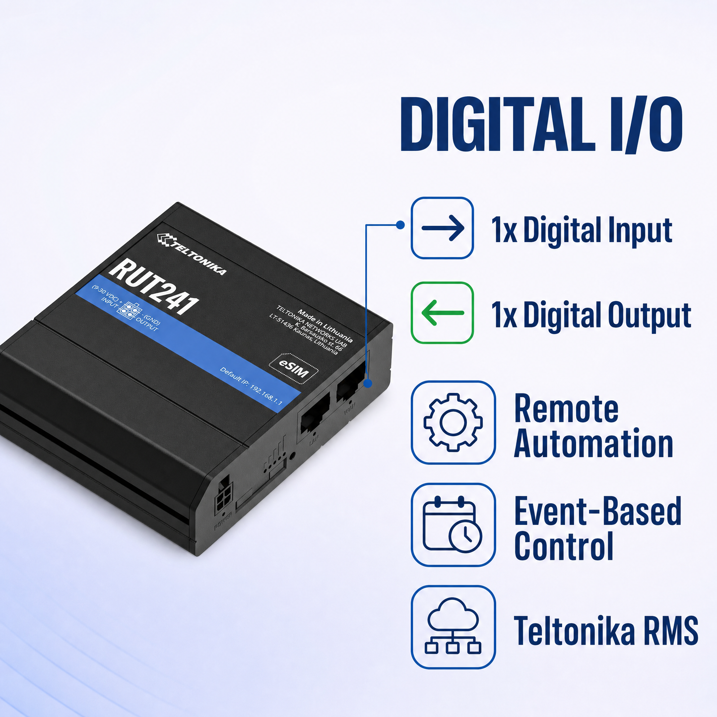 Teltonika RUT241098000 Industrial 4G LTE Router with eSIM for Remote IoT and M2M Connectivity