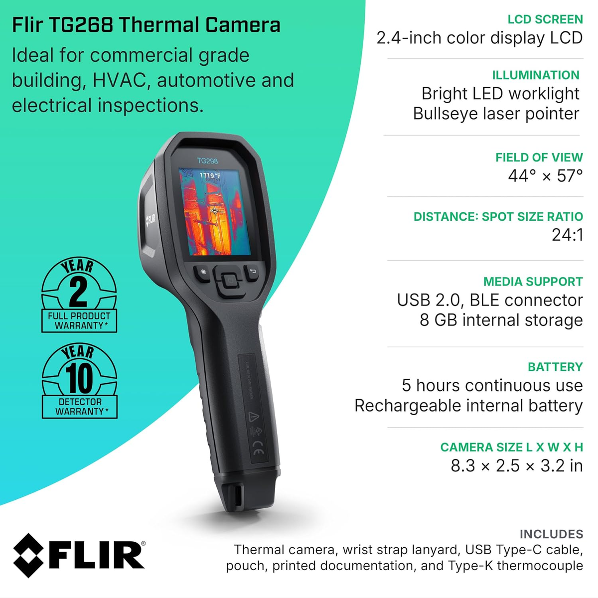 FLIR TG268 Thermal Imaging Camera with 320x240 Super Resolution and Bullseye Laser for Industrial Diagnostics
