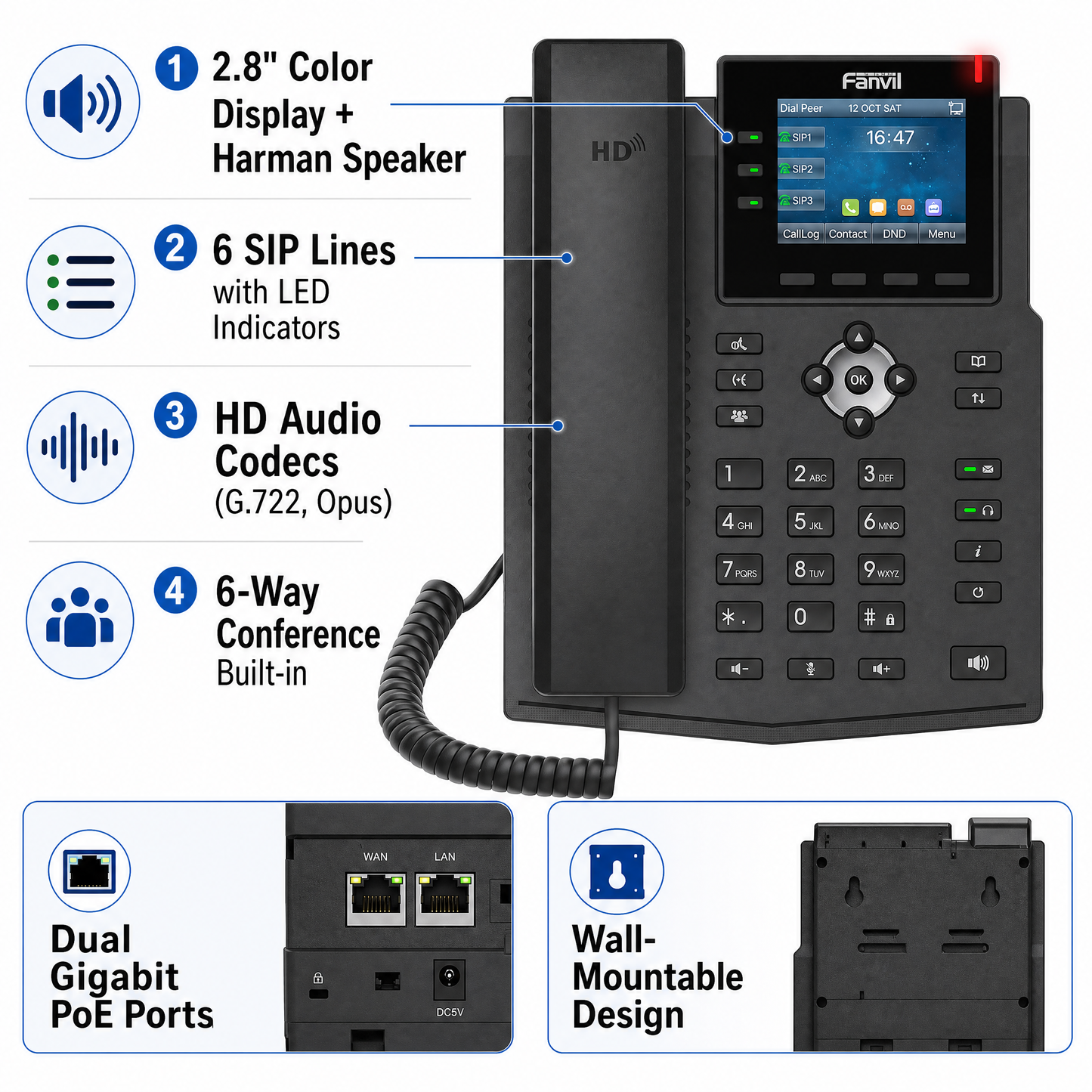 Fanvil X3U Pro Entry-Level Color IP Phone with 6 SIP Lines and HD Audio for Small Business