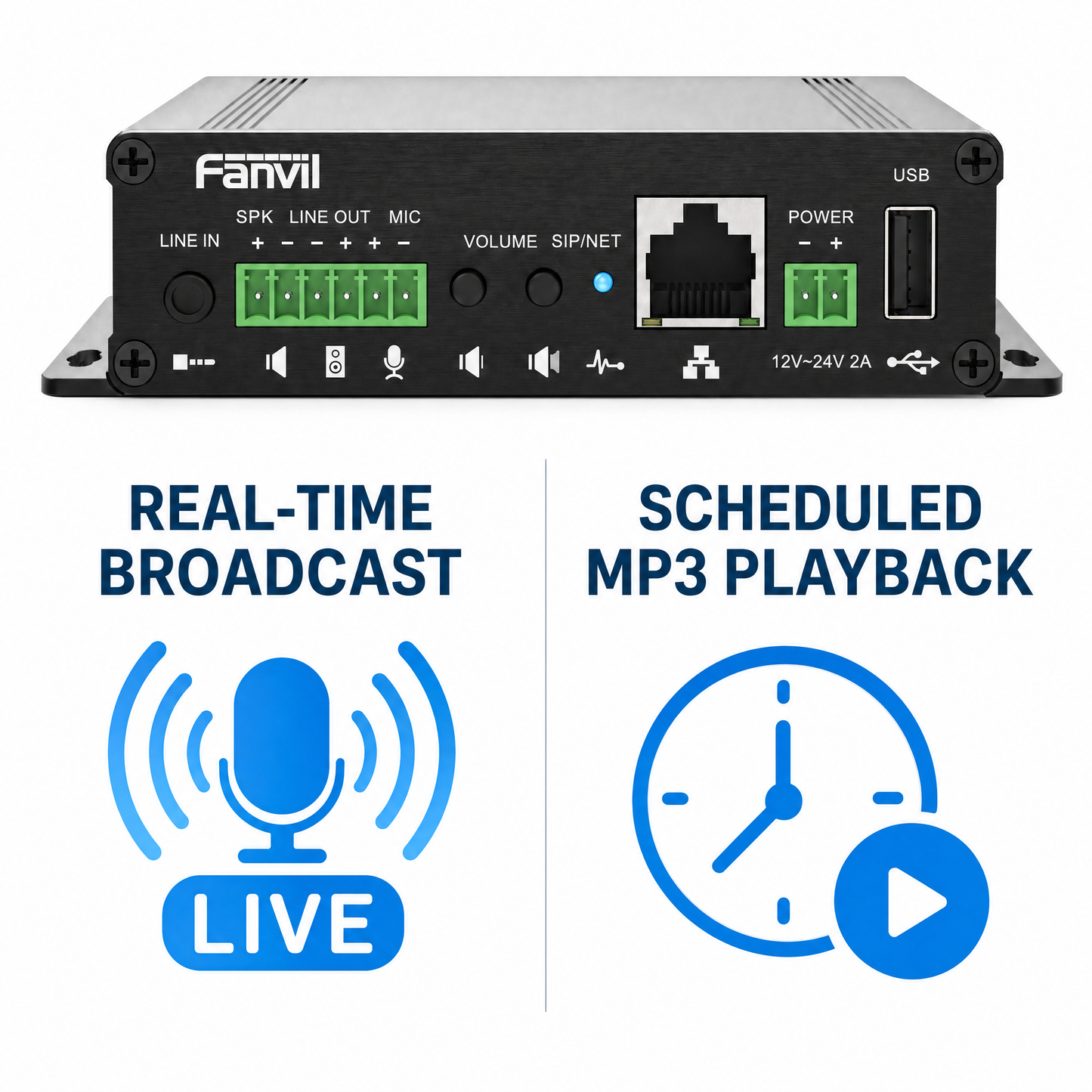 Fanvil PA3 SIP Public Address System with MP3 Broadcast for Campus, Retail & Transit Facilities