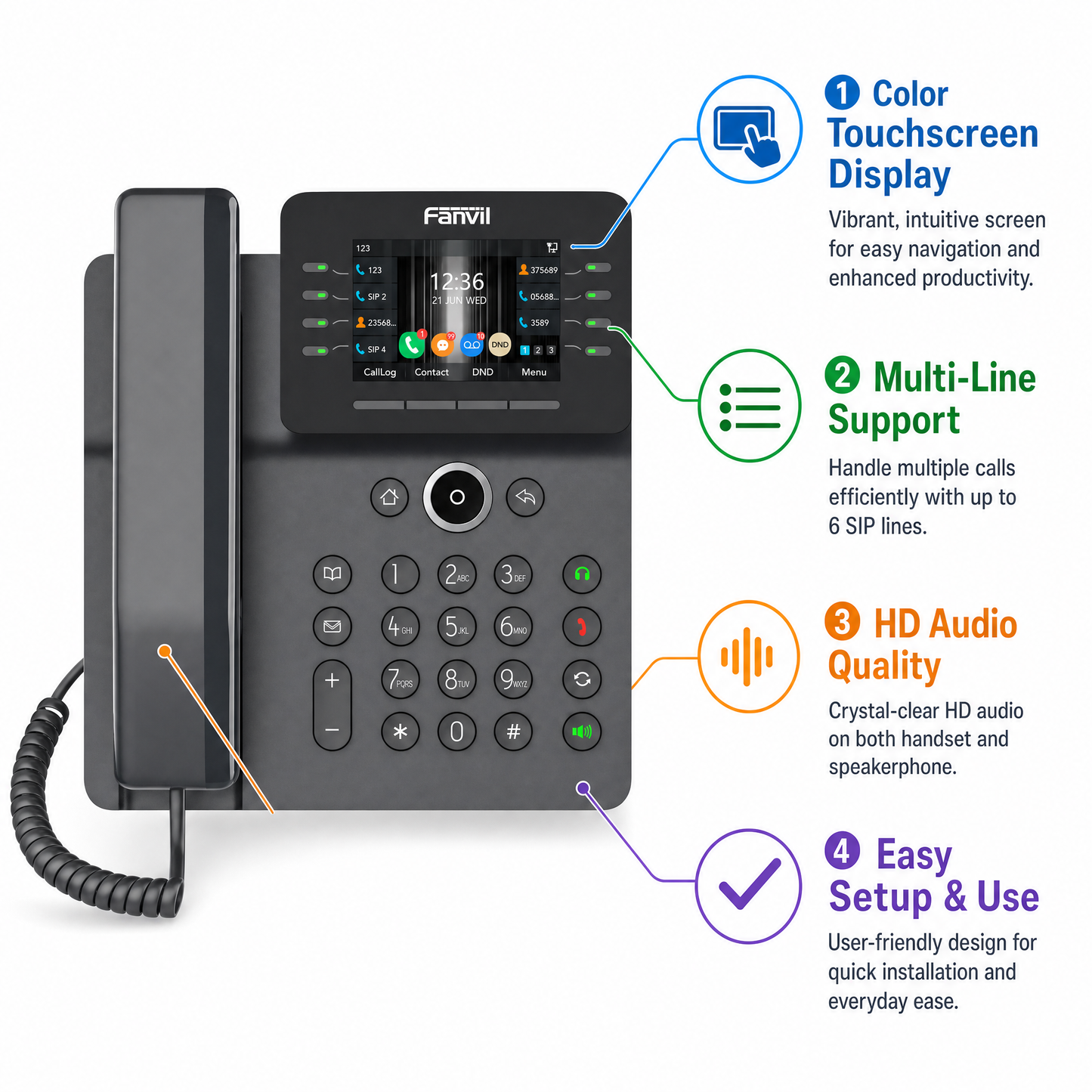 Fanvil V64 Prime Business IP Phone with 3.5" Color Display, Dual-Band Wi-Fi & Bluetooth 4.2