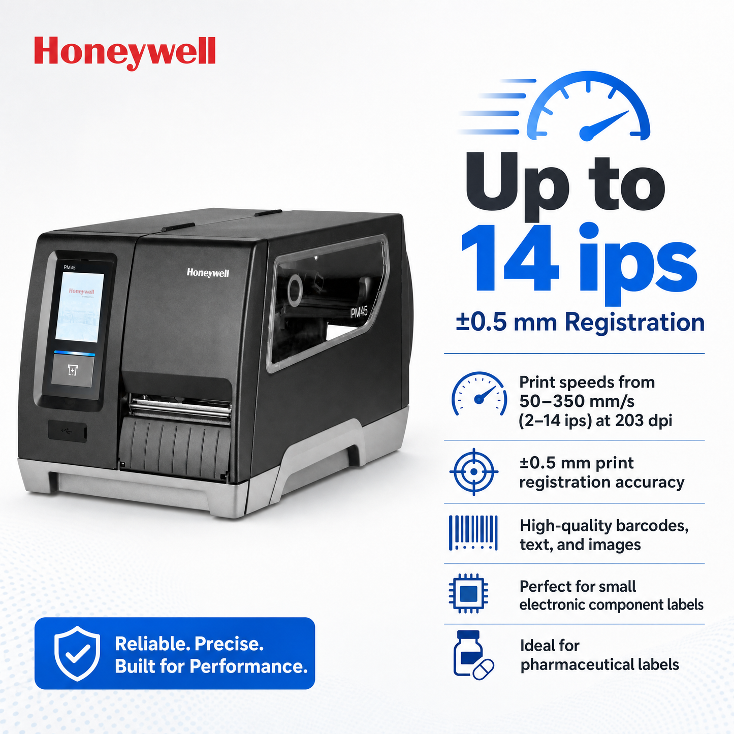 Honeywell PM45 Industrial Thermal Label Printer, 203/300/400/600 DPI, Ethernet Connectivity with Wireless Option