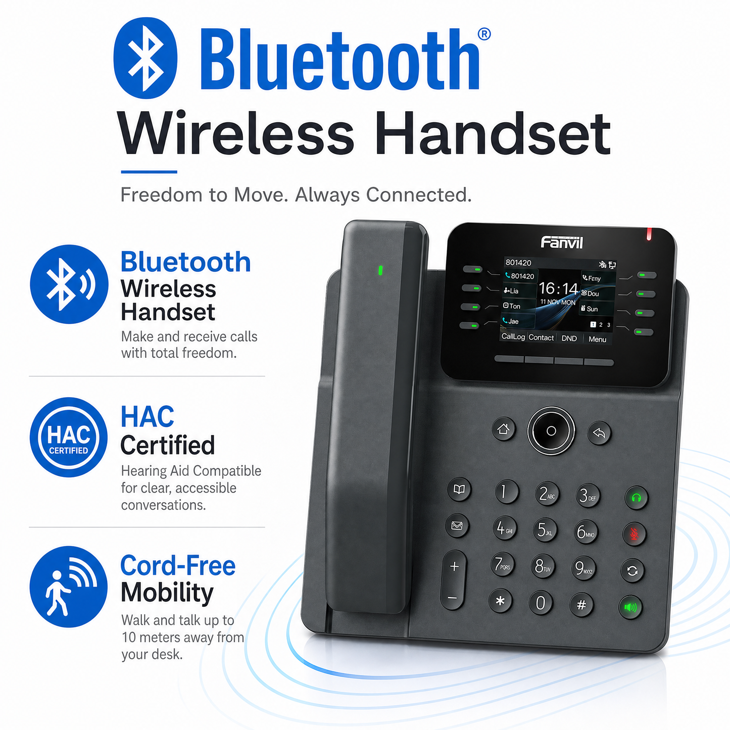 Fanvil V62 Pro IP Phone with Bluetooth Wireless Handset - 12 SIP Lines, 2.8" Color Display, HD Audio