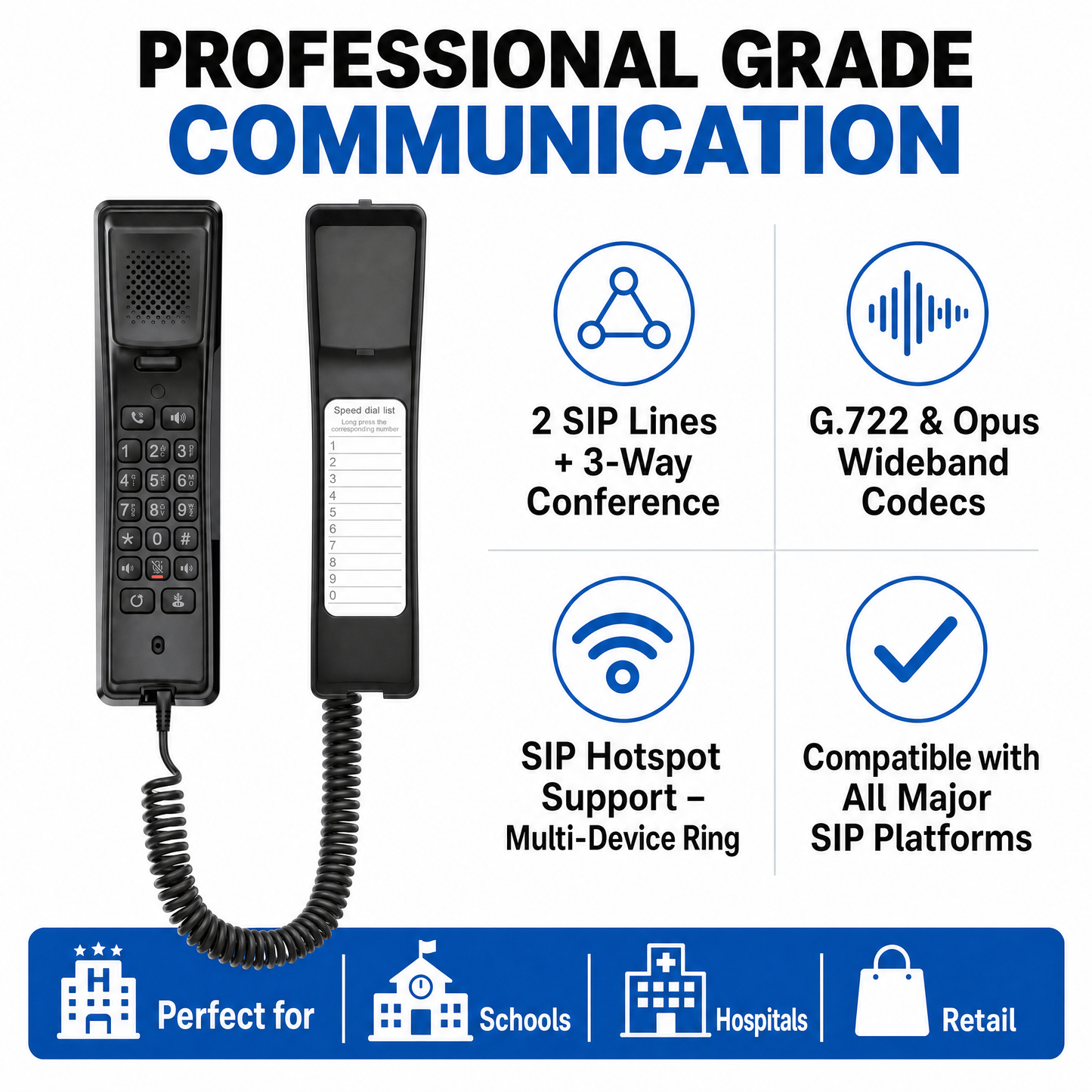 Fanvil H2U Compact IP Phone with 2 SIP Lines and PoE for Hotel Hospitality Office