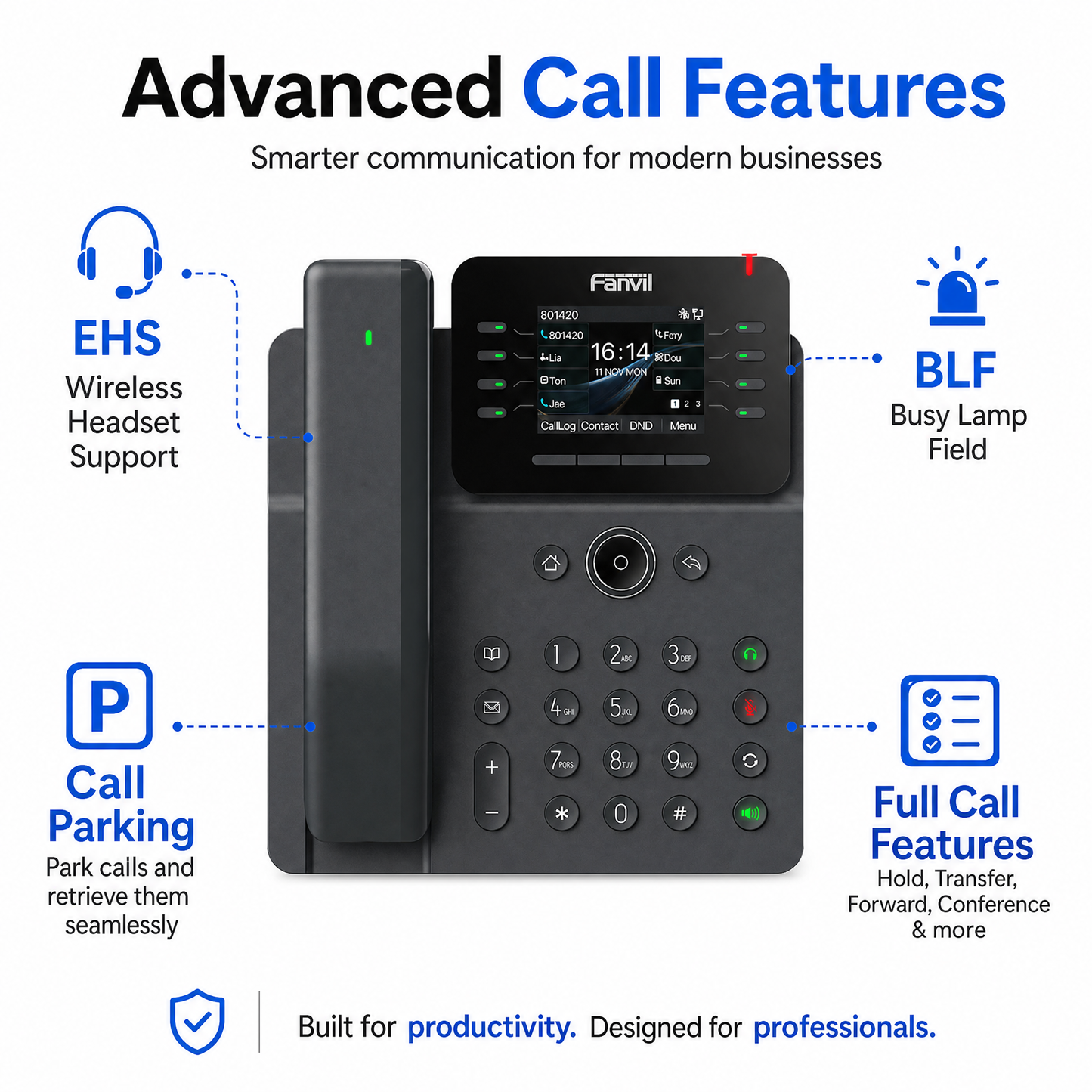 Fanvil V62 Pro IP Phone with Bluetooth Wireless Handset - 12 SIP Lines, 2.8" Color Display, HD Audio