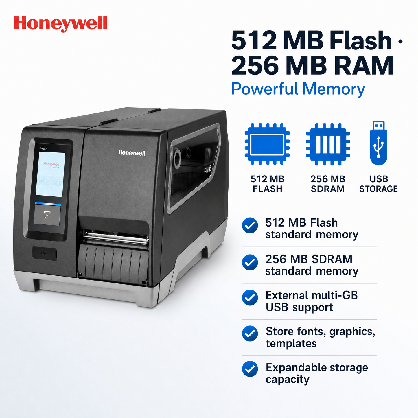Honeywell PM45 Industrial Thermal Label Printer, 203/300/400/600 DPI, Ethernet Connectivity with Wireless Option