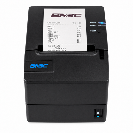 SNBC BTP-R180II thermal receipt printer with printed receipt showing clear output quality