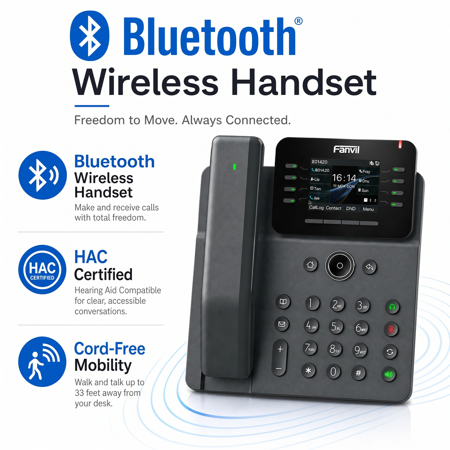 Fanvil V62 Pro IP Phone with Bluetooth Wireless Handset - 12 SIP Lines, 2.8" Color Display, HD Audio