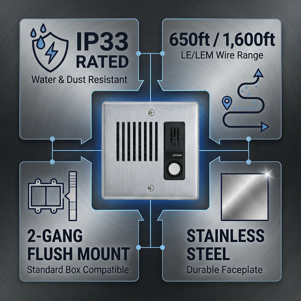 Aiphone LE-DA Flush Mount Audio Door Station — Stainless Steel Faceplate, IP33 Weather & Vandal Resistant, Hands-Free, 2-Gang Flush or Surface Mount, LEF/LEM Series Compatible