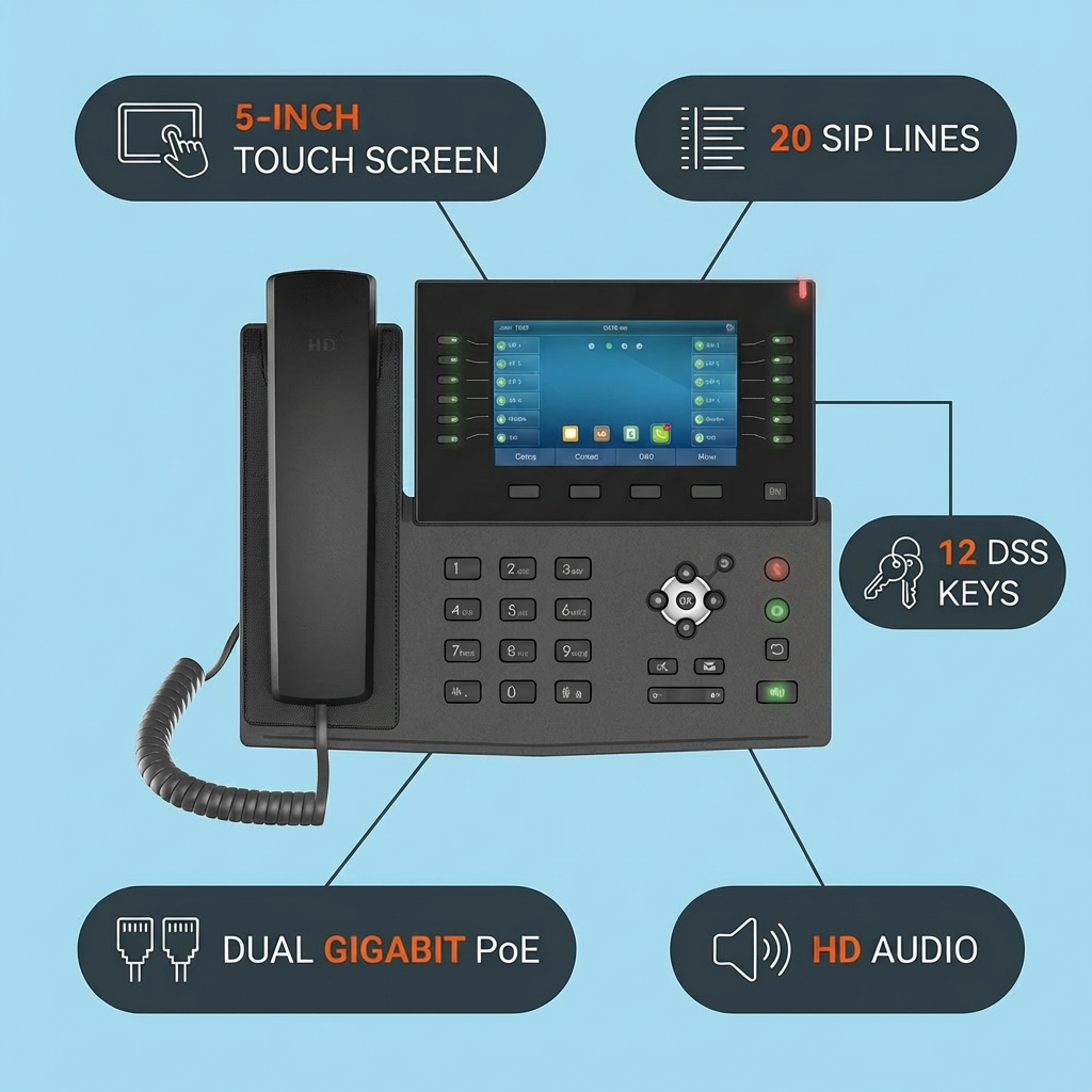 Fanvil X7C Enterprise VoIP Phone - 5-Inch 800x480 Color Touch Screen, 20 SIP Lines, 12 DSS Keys with LED, Up to 60 DSS Entries, Built-in Bluetooth, Wi-Fi via Dongle, Dual Gigabit, PoE, HD Audio, EHS Headset