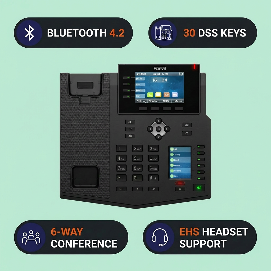 Fanvil X7 Enterprise IP Phone — 7" Capacitive Touch Screen, 20 SIP Lines, 127 DSS Keys, Built-in Bluetooth, Dual Gigabit PoE, H.264 Video Support, Wi-Fi Dongle Ready, Black