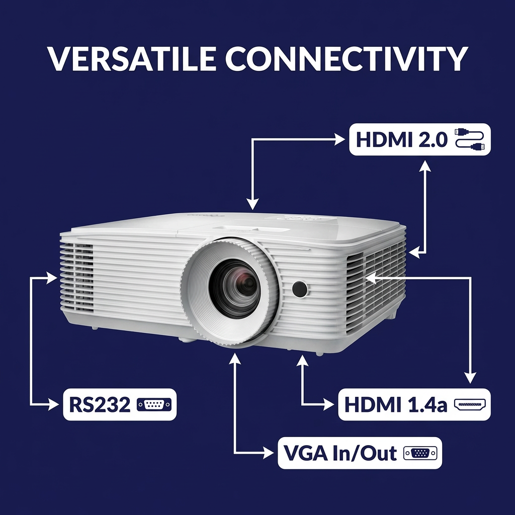 Optoma EH412 Full HD 1080p DLP Professional Projector | 4,500 Lumens Super Bright | 4K HDR Input | 1.3x Zoom, ±40° Vertical Keystone | HDMI 2.0, VGA In/Out, RS232, USB-A | 10W Built-In Speaker | Up to 15,000-Hour Lamp Life | White