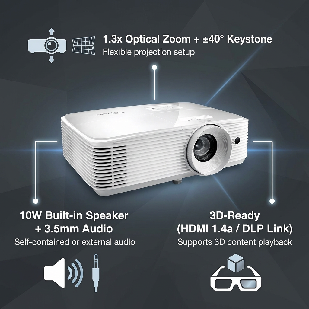 Optoma HD39HDR Full HD 1080p DLP Projector — 4,000 Lumens, HDR10 with 4K-Compatible Input, 8.4ms Enhanced Gaming Mode, 50,000:1 Dynamic Contrast, 15,000-Hour Lamp Life, 10W Built-In Speake