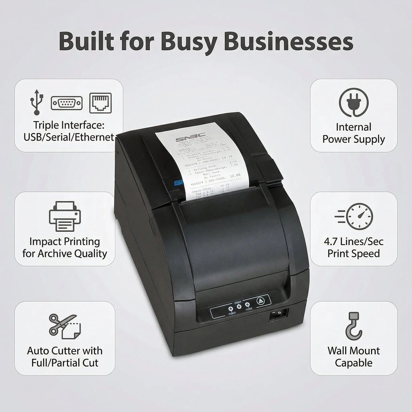 SNBC BTP-M300A Impact Receipt Printer - Auto Cutter, USB, Serial, Ethernet, Black