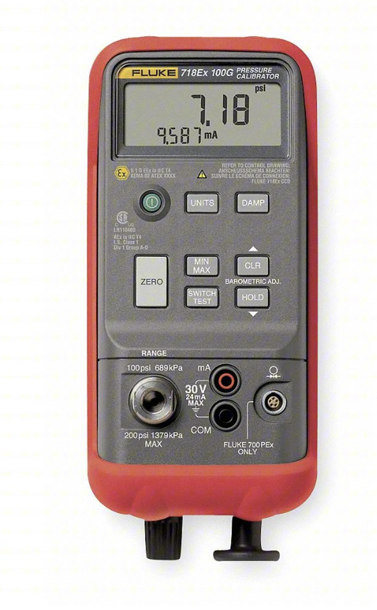Fluke Handheld Pressure Calibrator: Fluke-718Ex-100, Included, -12 psi – 100 psi, 0 V DC – 30 V DC