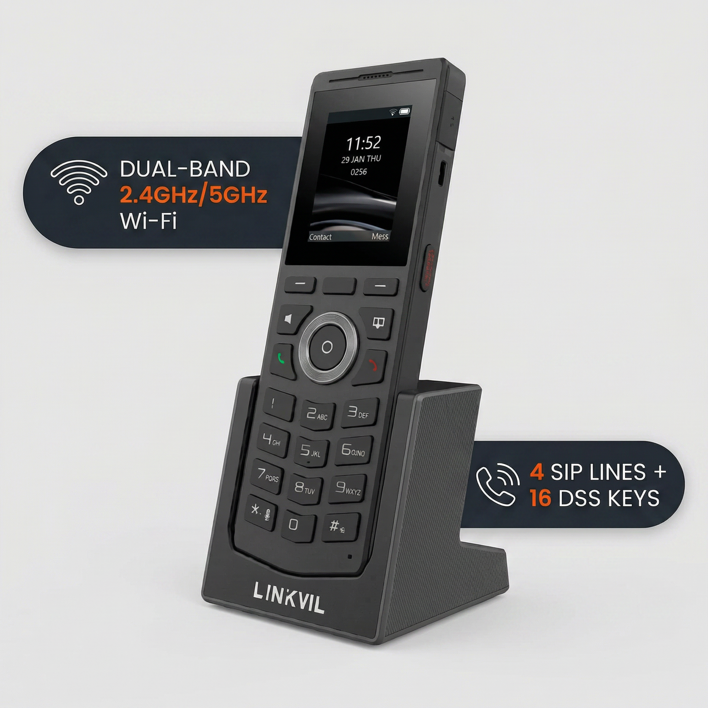 Fanvil W610W Portable Wi-Fi Phone - 2-Inch 240x320 Color Display, 4 SIP Lines, Dual-Band 2.4GHz/5GHz Wi-Fi, Bluetooth 5.0, 16 DSS Keys, 1900mAh Battery, HD Voice, Drop-Safe 1.8m, PTT Button, Black