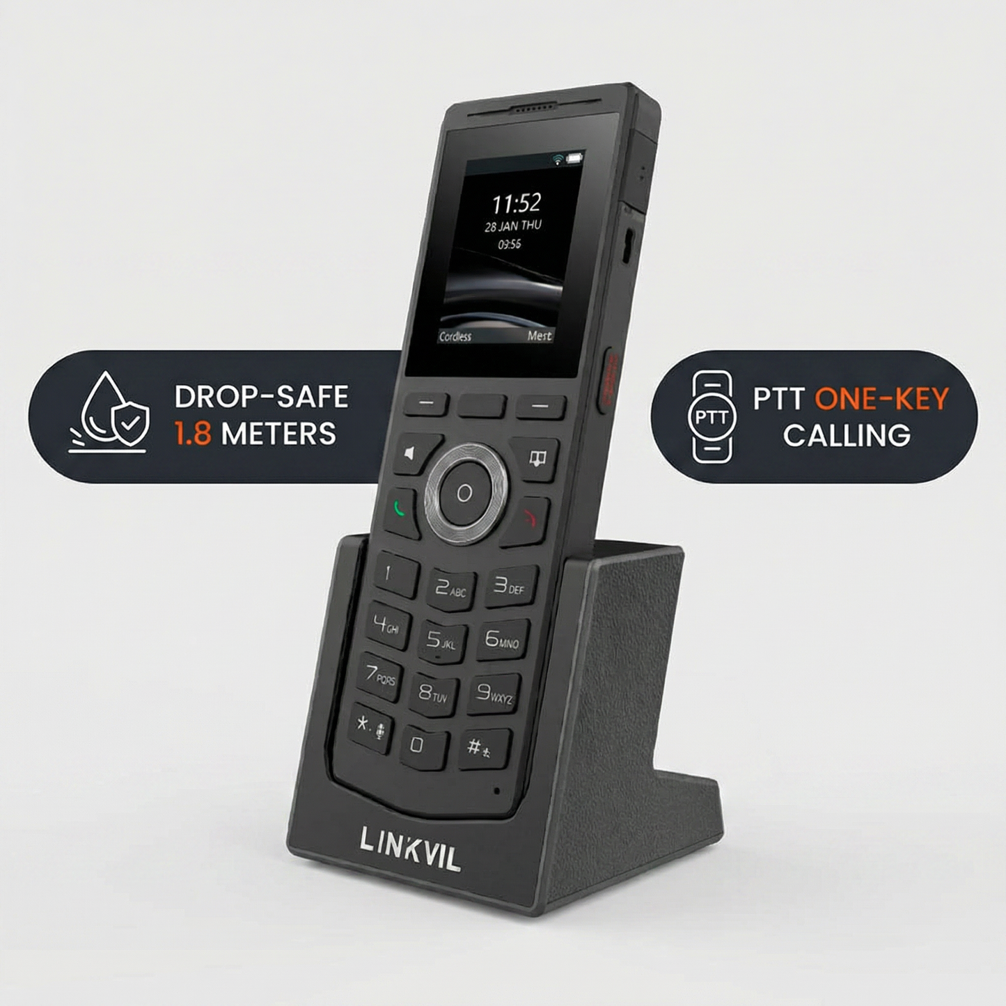Fanvil W610W Portable Wi-Fi Phone - 2-Inch 240x320 Color Display, 4 SIP Lines, Dual-Band 2.4GHz/5GHz Wi-Fi, Bluetooth 5.0, 16 DSS Keys, 1900mAh Battery, HD Voice, Drop-Safe 1.8m, PTT Button, Black