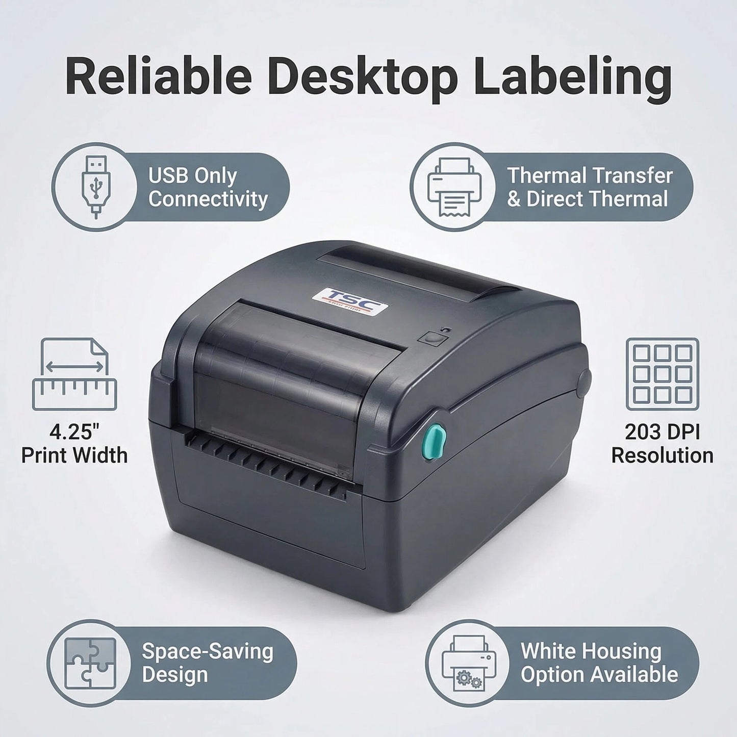 TSC TTP-244CE Desktop Thermal Transfer Label Barcode Printer - 4.25 Inch, 203 Dots Per Inch, USB Port Only, No Ethernet