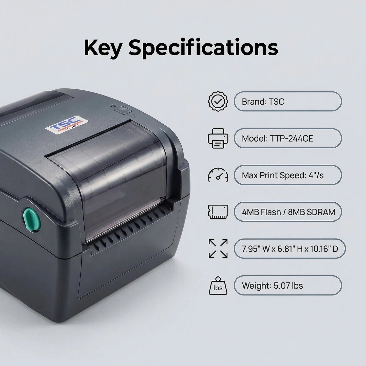 TSC TTP-244CE Desktop Thermal Transfer Label Barcode Printer - 4.25 Inch, 203 Dots Per Inch, USB Port Only, No Ethernet