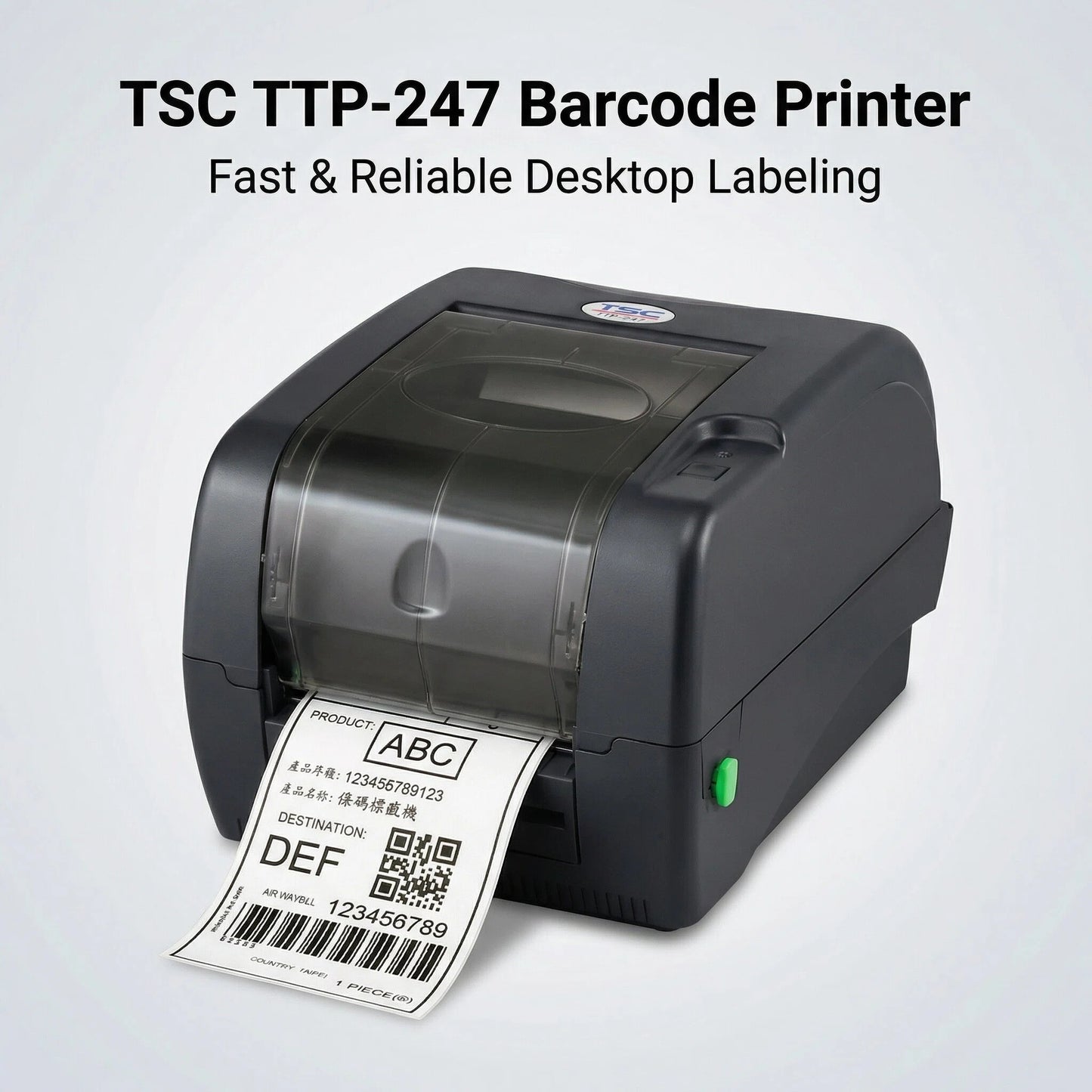 TSC TTP-247 Desktop Thermal Transfer Bar Code Printer - 203 Dots Per Inch, 7 Inches Per Second, 8 Megabytes SDRAM, 4 Megabytes Flash, USB, Serial, Parallel, Black