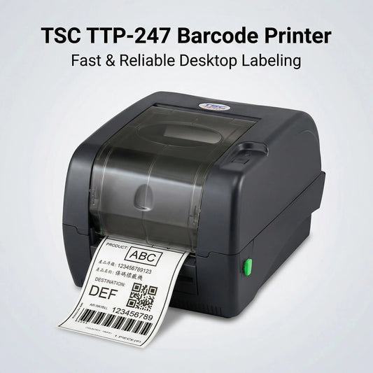 TSC TTP-247 Desktop Thermal Transfer Bar Code Printer - 203 Dots Per Inch, 7 Inches Per Second, 8 Megabytes SDRAM, 4 Megabytes Flash, USB, Serial, Parallel, Black
